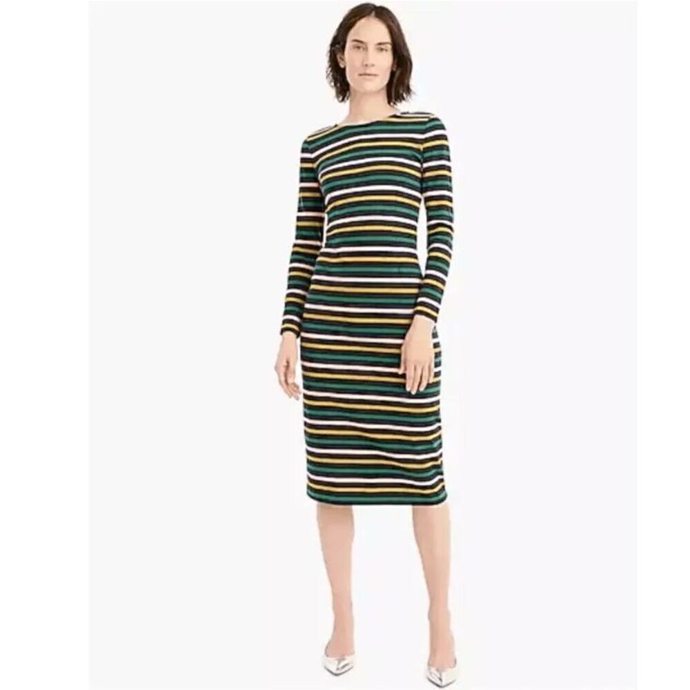 J. Crew 16 Navy Green Striped Sheath Dress Midi Long Sleeve Career Modest Office
